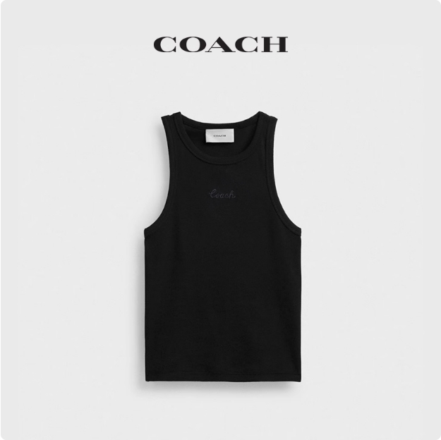 COACH同款蔻驰女士罗纹经典标志背心上衣美式休闲内搭黑色修身