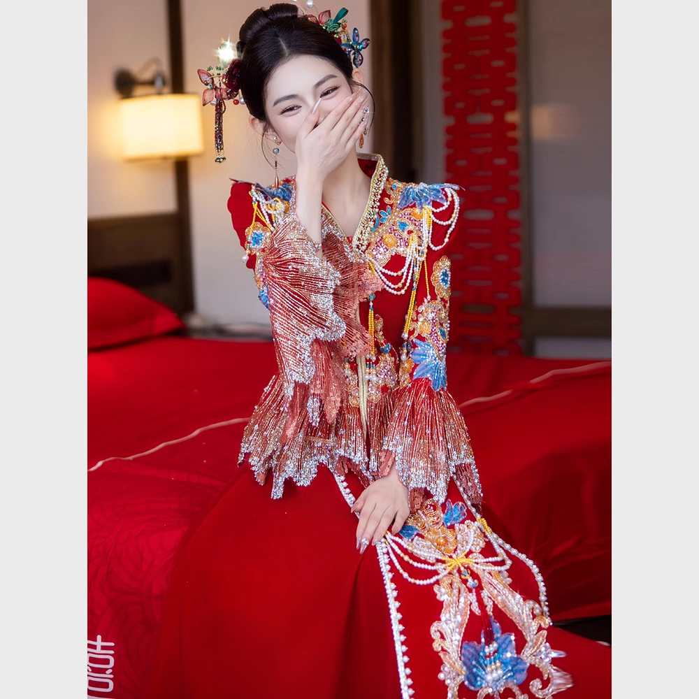 丝绒秀禾服2024新款重工新娘中式结婚敬酒嫁衣礼服古代婚服出阁服